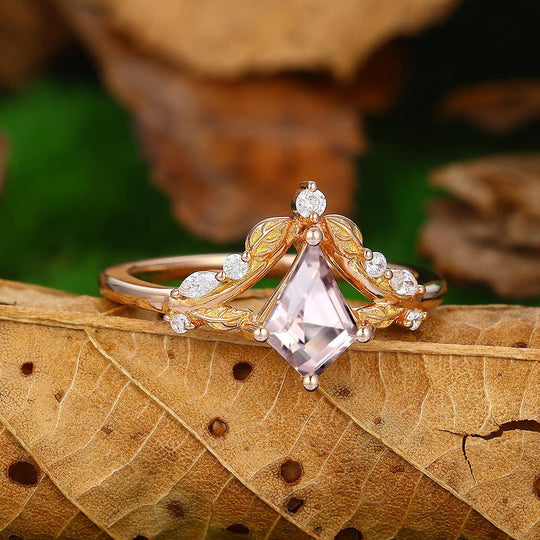 CT Corte Cometa Art Deco Oro 14k Natural Morganita Rosa Hoja