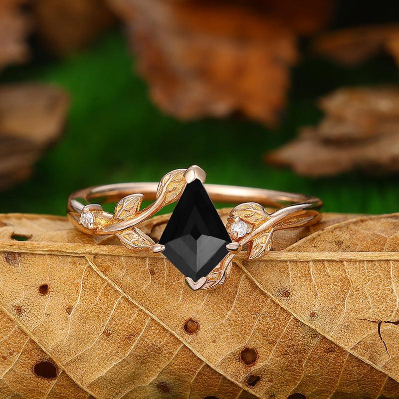 1.35 CT Kite Cut Black Onyx Rose Gold Natural Inspired Leaf Vines Ring - Esdomera