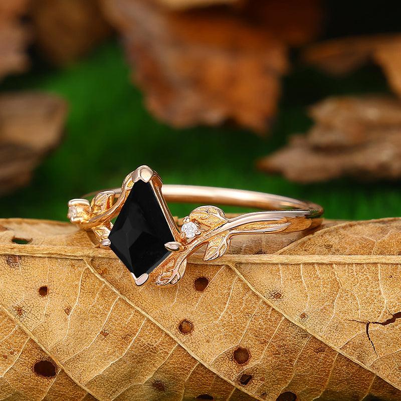 1.35 CT Kite Cut Black Onyx Rose Gold Natural Inspired Leaf Vines Ring - Esdomera