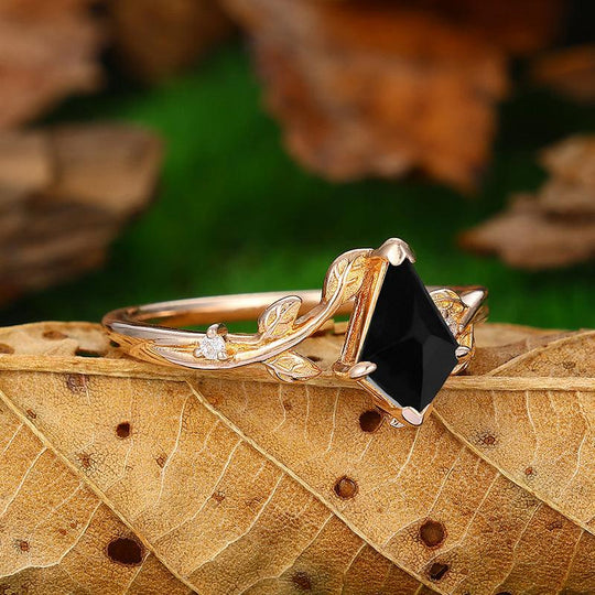 1.35 CT Kite Cut Black Onyx Rose Gold Natural Inspired Leaf Vines Ring - Esdomera