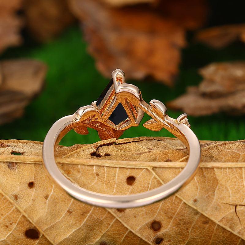 1.35 CT Kite Cut Black Onyx Rose Gold Natural Inspired Leaf Vines Ring - Esdomera
