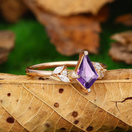 1.35 CT Kite Cut Curved Marquise Leaf Rose Gold Natural Amethyst Bridal Ring - Esdomera