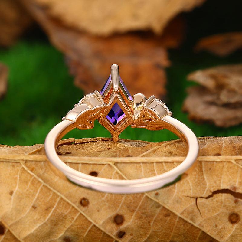 1.35 CT Kite Cut Curved Marquise Leaf Rose Gold Natural Amethyst Bridal Ring - Esdomera