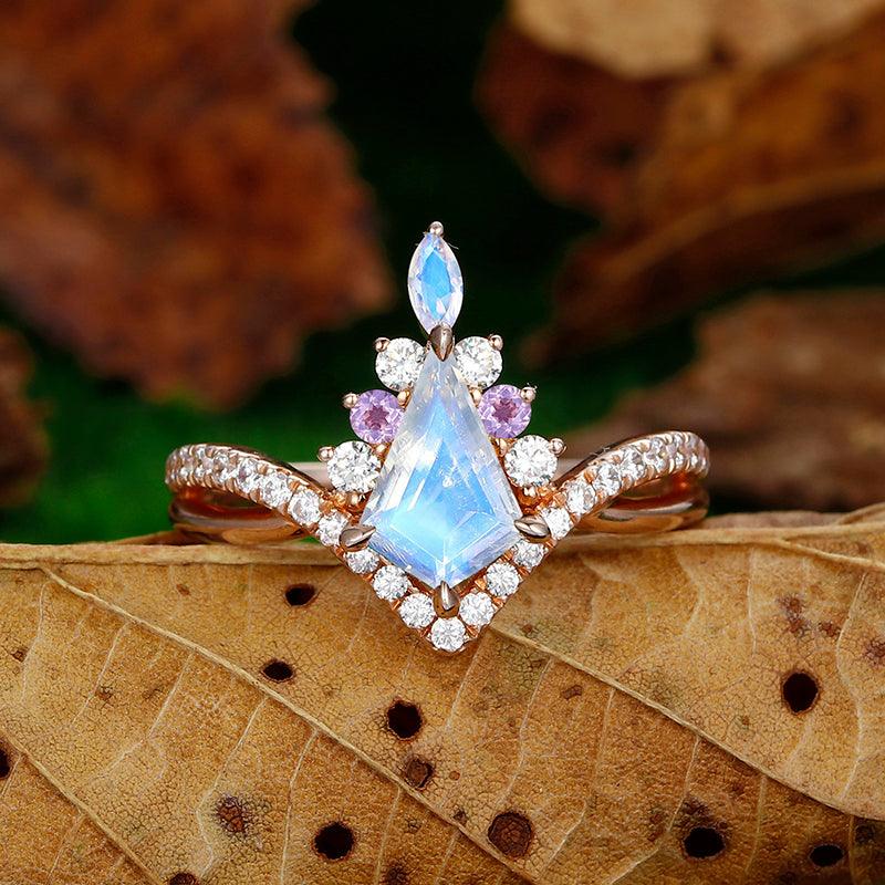1.35 CT Kite Cut Filigree Band Amethyst Diamond Moonstone Bridal Ring - Esdomera