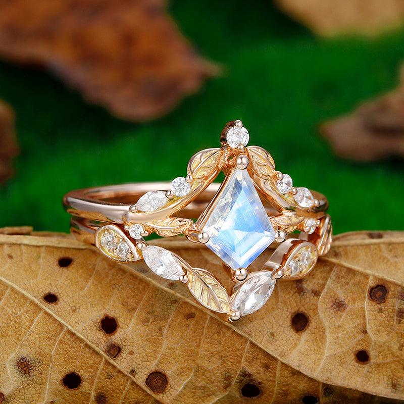 1.35 CT Kite Cut Gold Leaf Crown Shaped Moonstone Ring Art Deco Marquise Leaf Matching Band - Esdomera