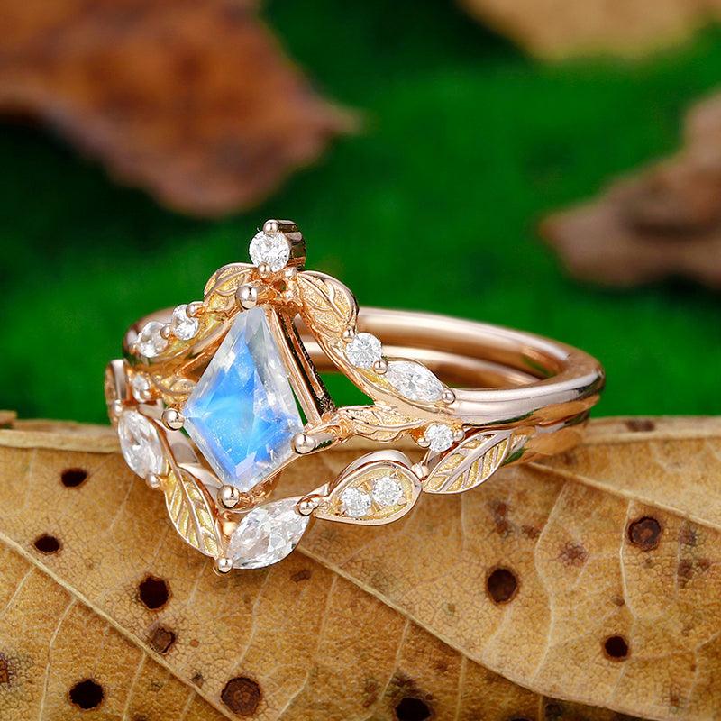 1.35 CT Kite Cut Gold Leaf Crown Shaped Moonstone Ring Art Deco Marquise Leaf Matching Band - Esdomera