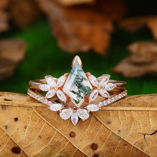 1.35 CT Kite Cut Natural Moss Agate Bridal Ring Set Rose Gold 5 Stones Filigree Matching Band - Esdomera