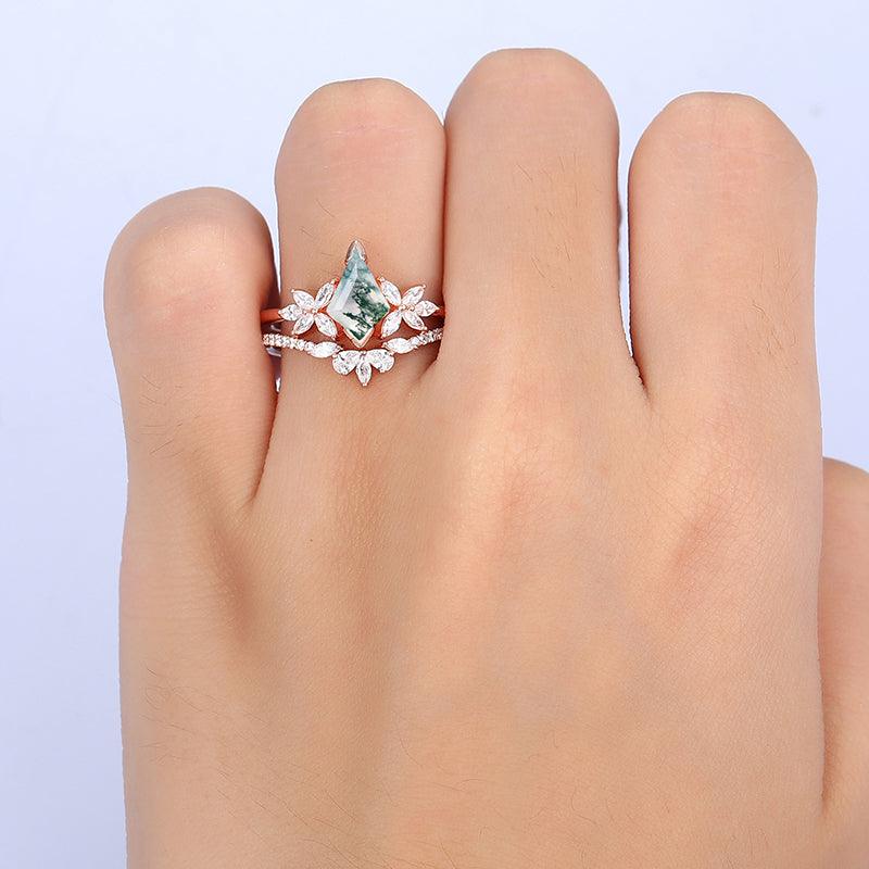 1.35 CT Kite Cut  Natural Moss Agate Bridal Ring Set Rose Gold 5 Stones Filigree Matching Band