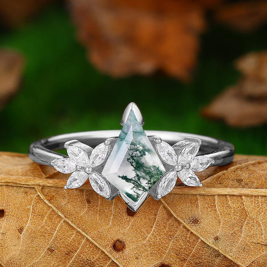 1.35 CT Kite Cut Natural Moss Agate Bridal Ring Set Rose Gold 5 Stones Filigree Matching Band - Esdomera