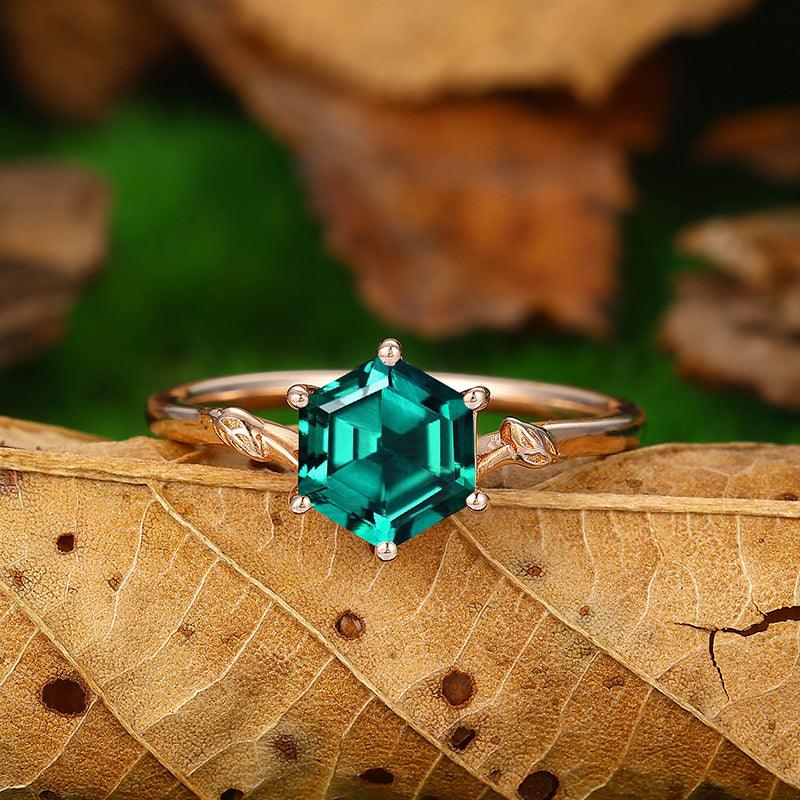 1.35 CT Round Cut Emerald leaf Twig 18k Rose Gold Solitaire Ring - Esdomera