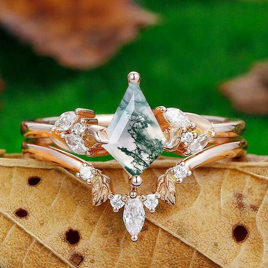 1.35 Kite Cut Cluster Natural Moss Agate Bridal Ring Set