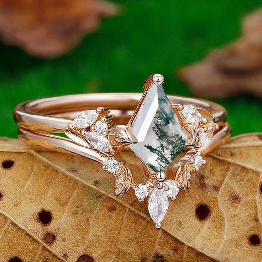 Antique 1.35 CT Kite Shaped 18k Rose Gold Natural Moss Agate Leaf Design Bridal Ring Set