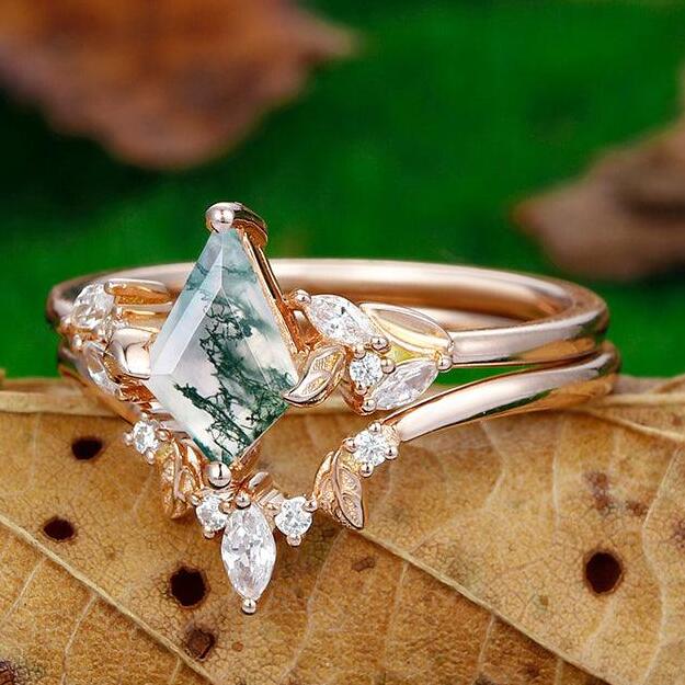 1.35 Kite Cut Cluster Natural Moss Agate Bridal Ring Set