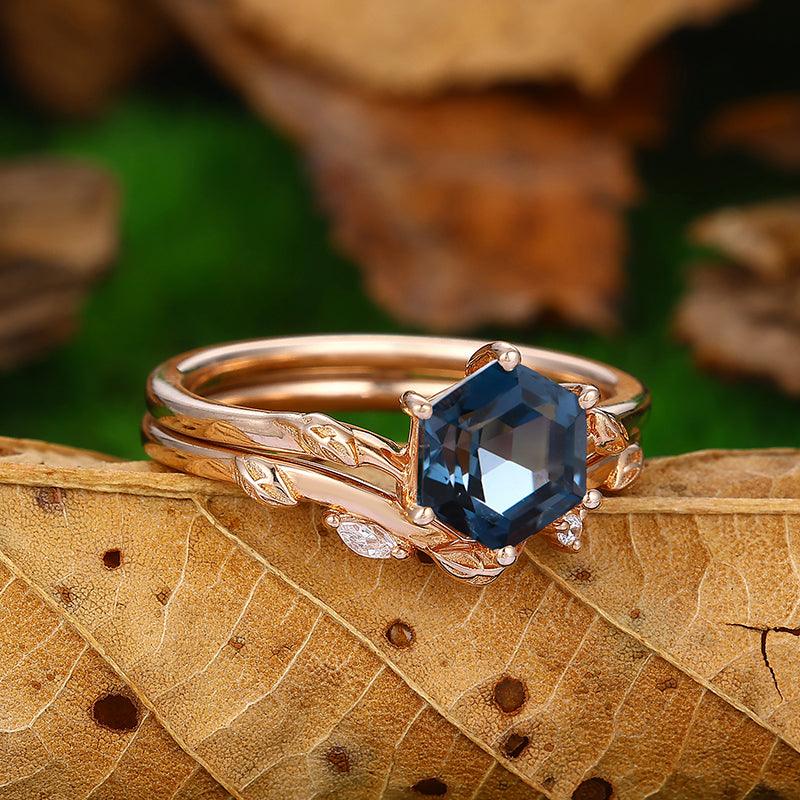 1.35CT Hexagon Cut 14k 18k leaf curved London blue topaz Bridal ring set - Esdomera