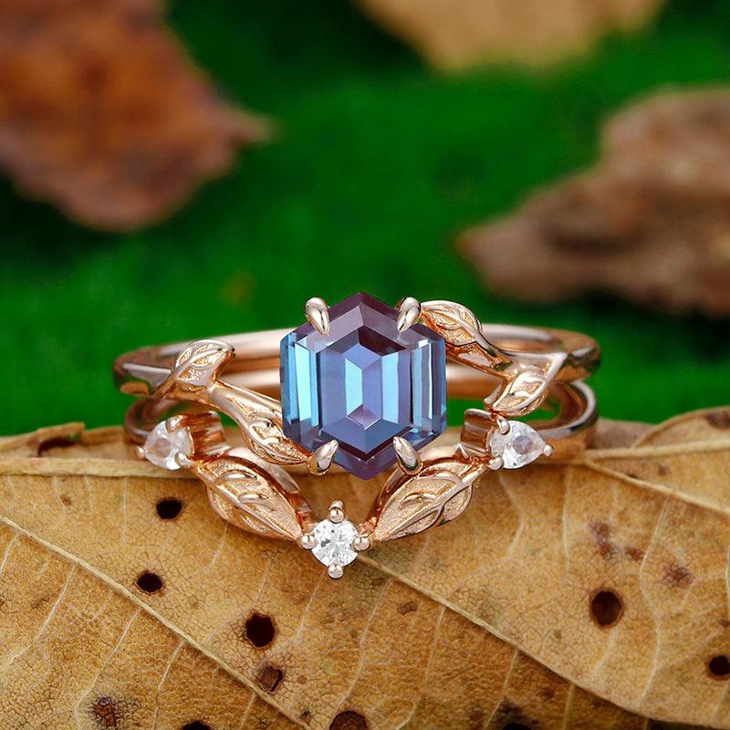 1.35CT Hexagon Cut Alexandrite 18k Rose Gold Art Deco Leaf Design Bridal Ring Set - Esdomera