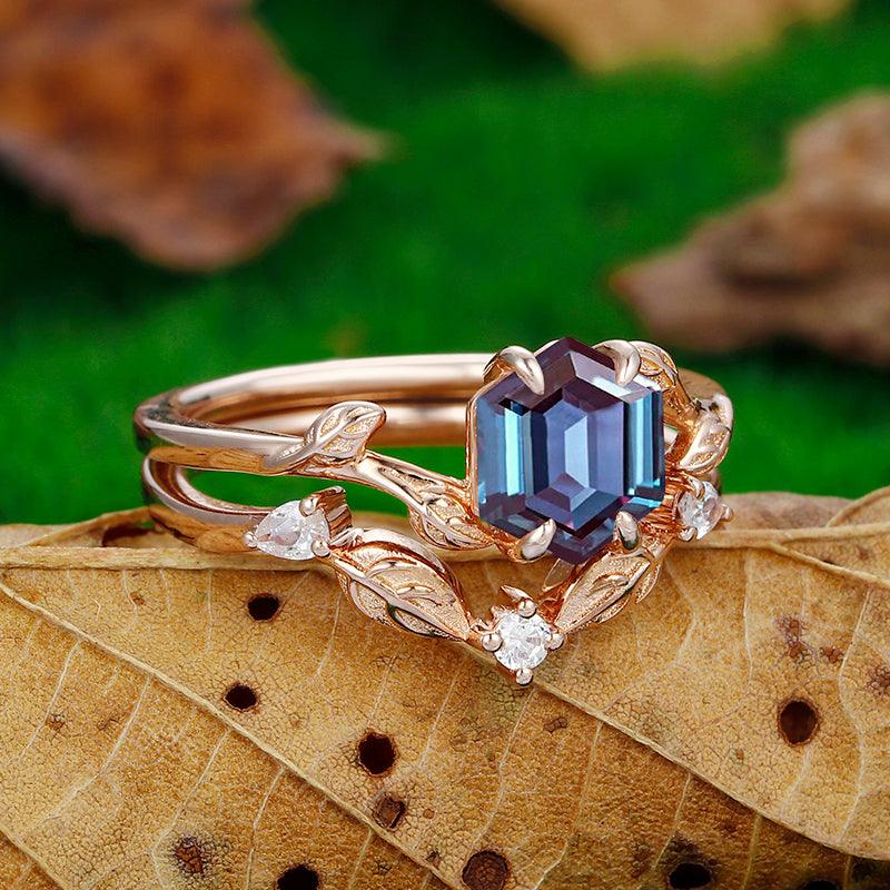 1.35CT Hexagon Cut Alexandrite 18k Rose Gold Art Deco Leaf Design Bridal Ring Set - Esdomera