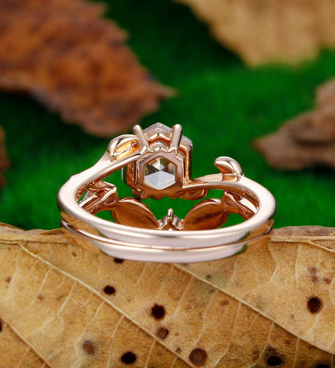 1.35CT Hexagon Cut Moissanite Ring Set Unique Ring Leaf Design 2pcs - Esdomera