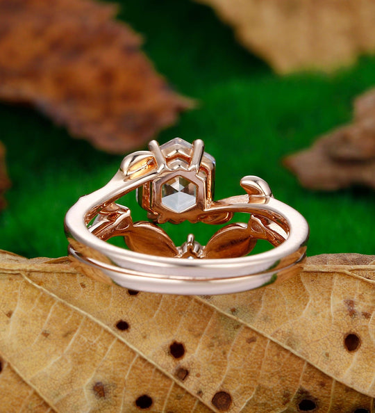 1.35CT Hexagon Cut Moissanite Ring Set Unique Ring Leaf Design 2pcs - Esdomera