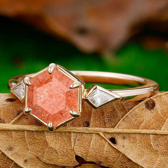 1.35CT Hexagon Cut Natural Sunstone Engagement Ring Anniversary Bridal Ring Gift - Esdomera