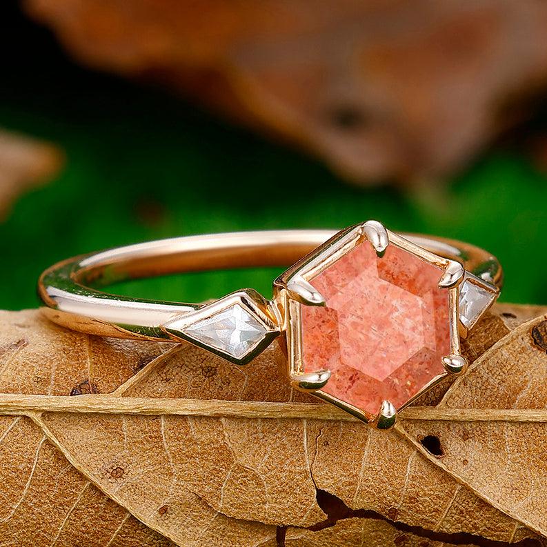 1.35CT Hexagon Cut Natural Sunstone Engagement Ring Anniversary Bridal Ring Gift - Esdomera