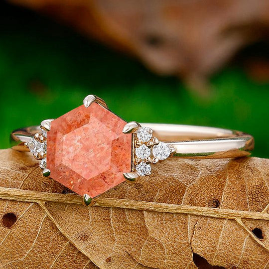 1.35CT Hexagon Cut Natural Sunstone Engagement Ring For Women Gift - Esdomera