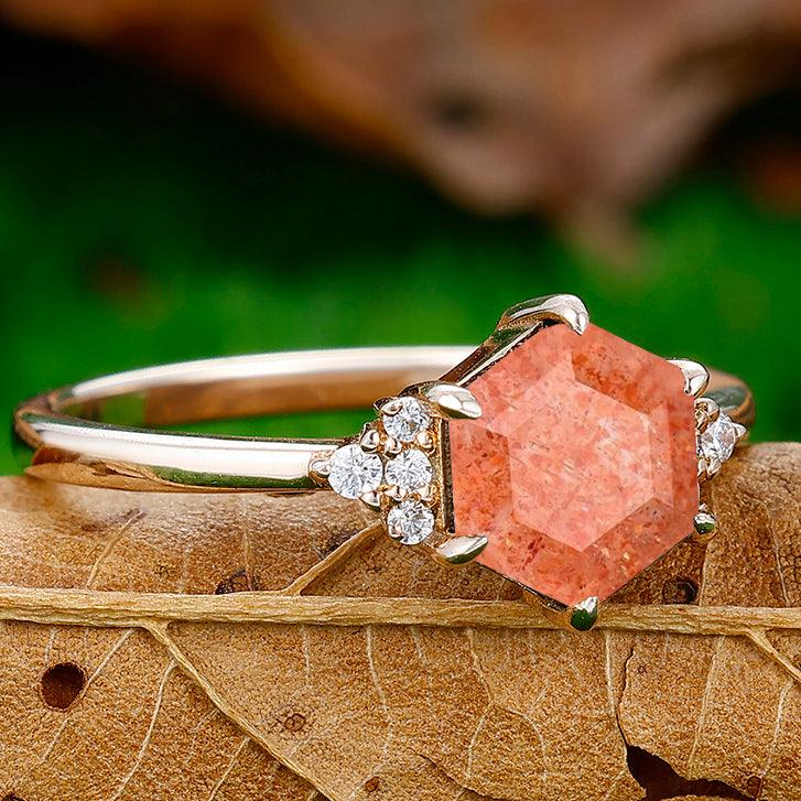 1.35CT Hexagon Cut Natural Sunstone Engagement Ring For Women Gift - Esdomera