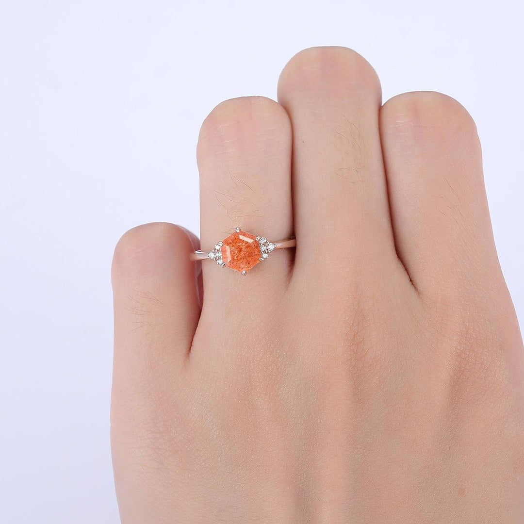 1.35CT Hexagon Cut Natural Sunstone Engagement Ring For Women Gift - Esdomera