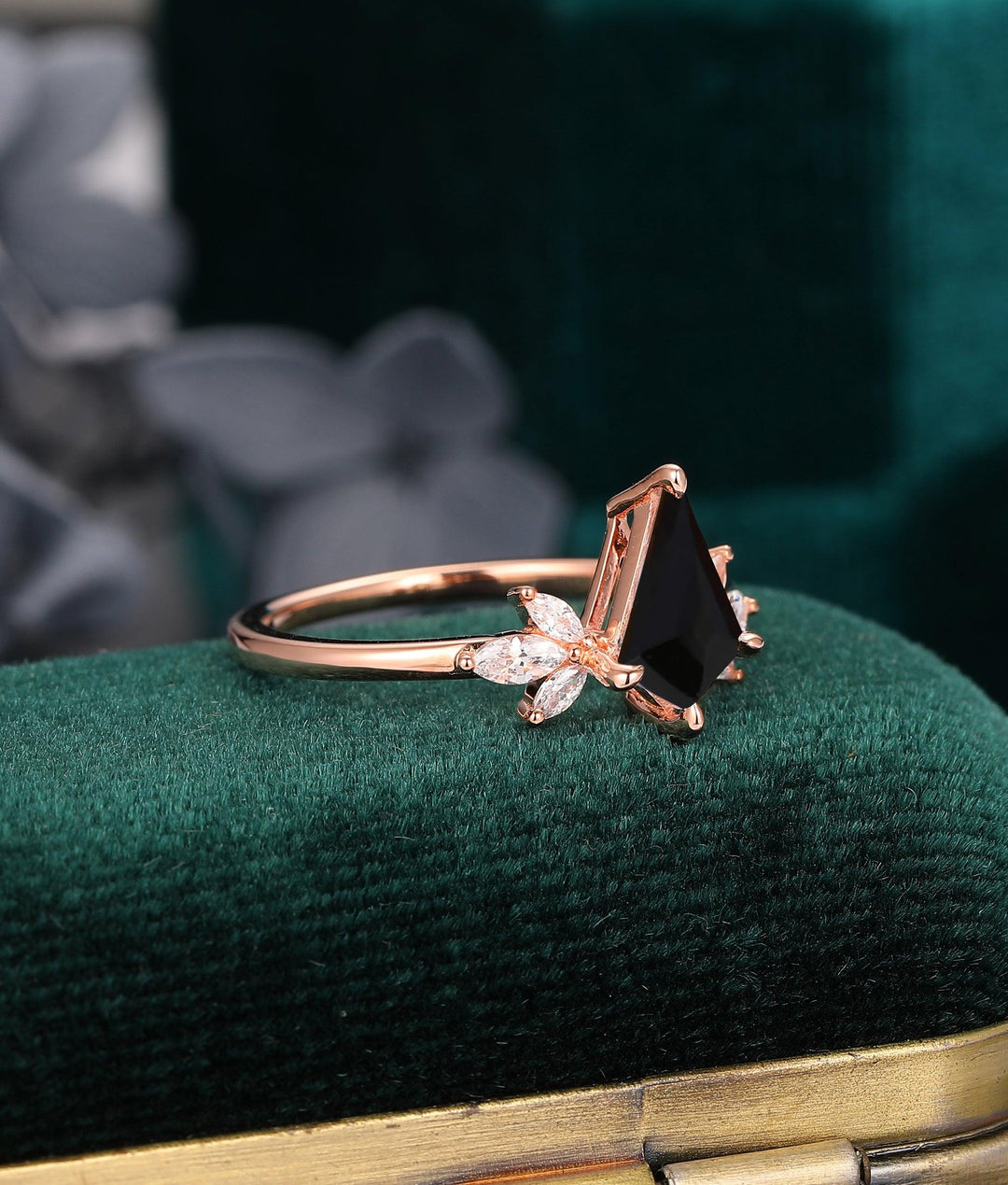 1.35ct Kite Black Onyx Wedding Ring, Marquise Moissanite Cluster Ring, 14k Gold Art Deco Engagement Ring - Esdomera