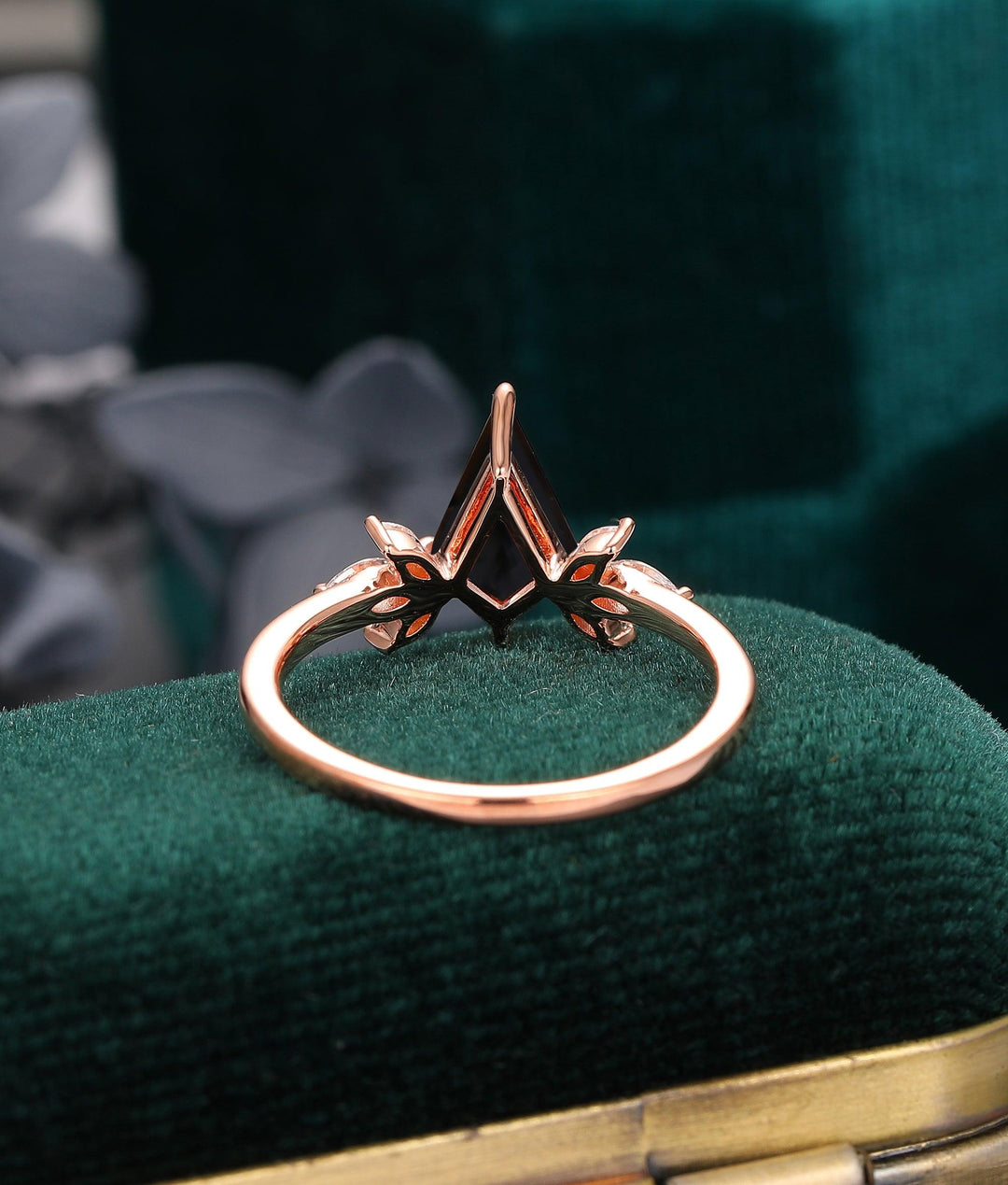 1.35ct Kite Black Onyx Wedding Ring, Marquise Moissanite Cluster Ring, 14k Gold Art Deco Engagement Ring - Esdomera