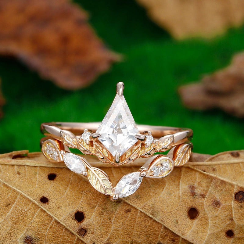 1.35CT Kite Cut 6*9mm Moissanite Ring Set Unique Ring Leaf Design Ring Prong Setting Ring - Esdomera