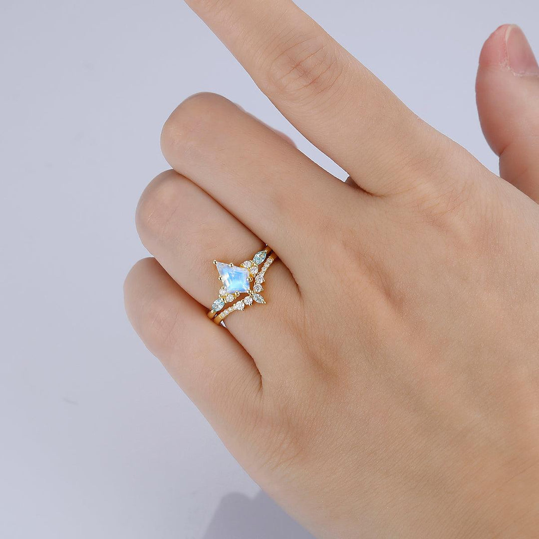 1.35CT Kite Cut Lab Moonstone Ring Set Aquamarine & Moissanites Ring For Women Bridal Wedding Ring Set - Esdomera