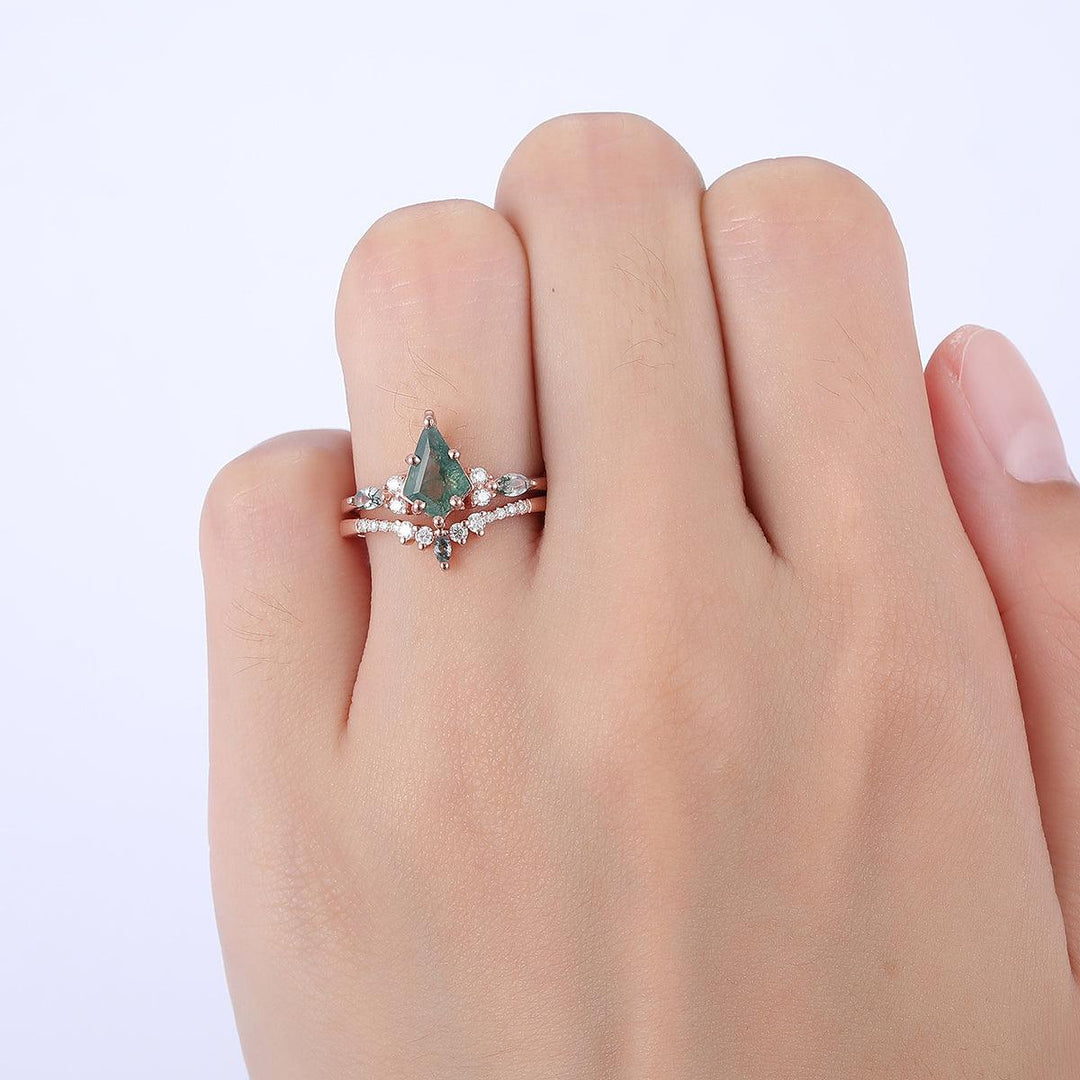 1.35CT Kite Cut Moss Agate Engagement Ring Set Women Dainty Anniversary Ring Set - Esdomera