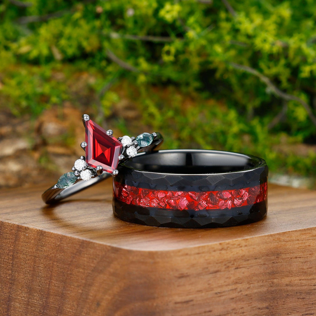 1.35CT Kite Cut Natural Red Garnet Engagement Couples Ring Set 925 Sterling Silver And Tungsten Matching Ring - Esdomera