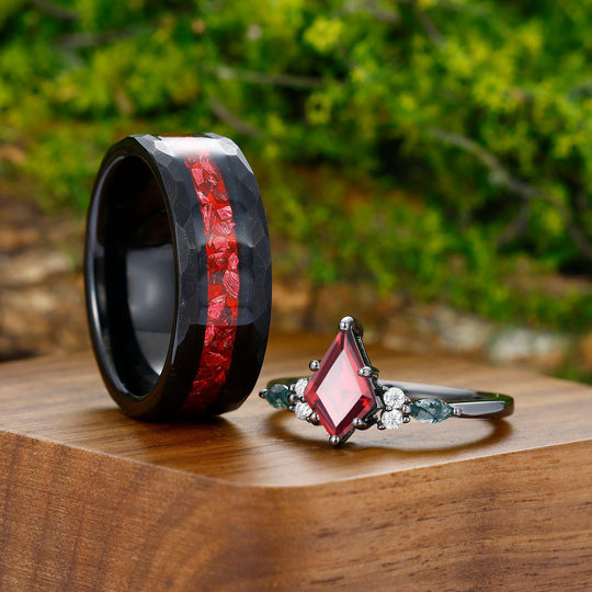 1.35CT Kite Cut Natural Red Garnet Engagement Couples Ring Set 925 Sterling Silver And Tungsten Matching Ring - Esdomera