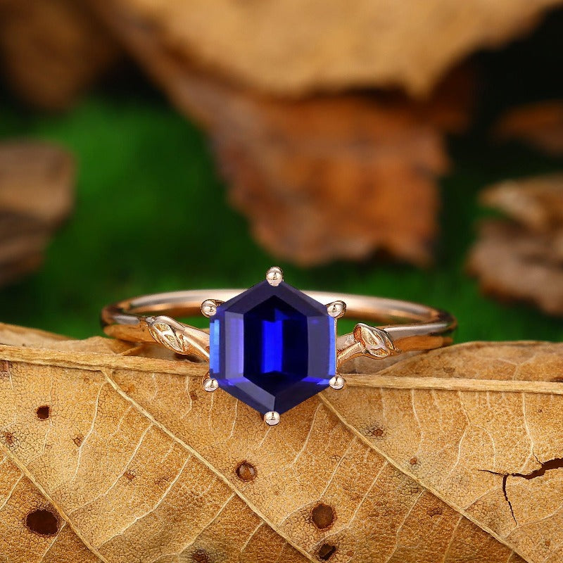 1.35CT Solitaire Hexagon Shaped Sapphire Engagement Ring Vintage Leaf Design Ring - Esdomera