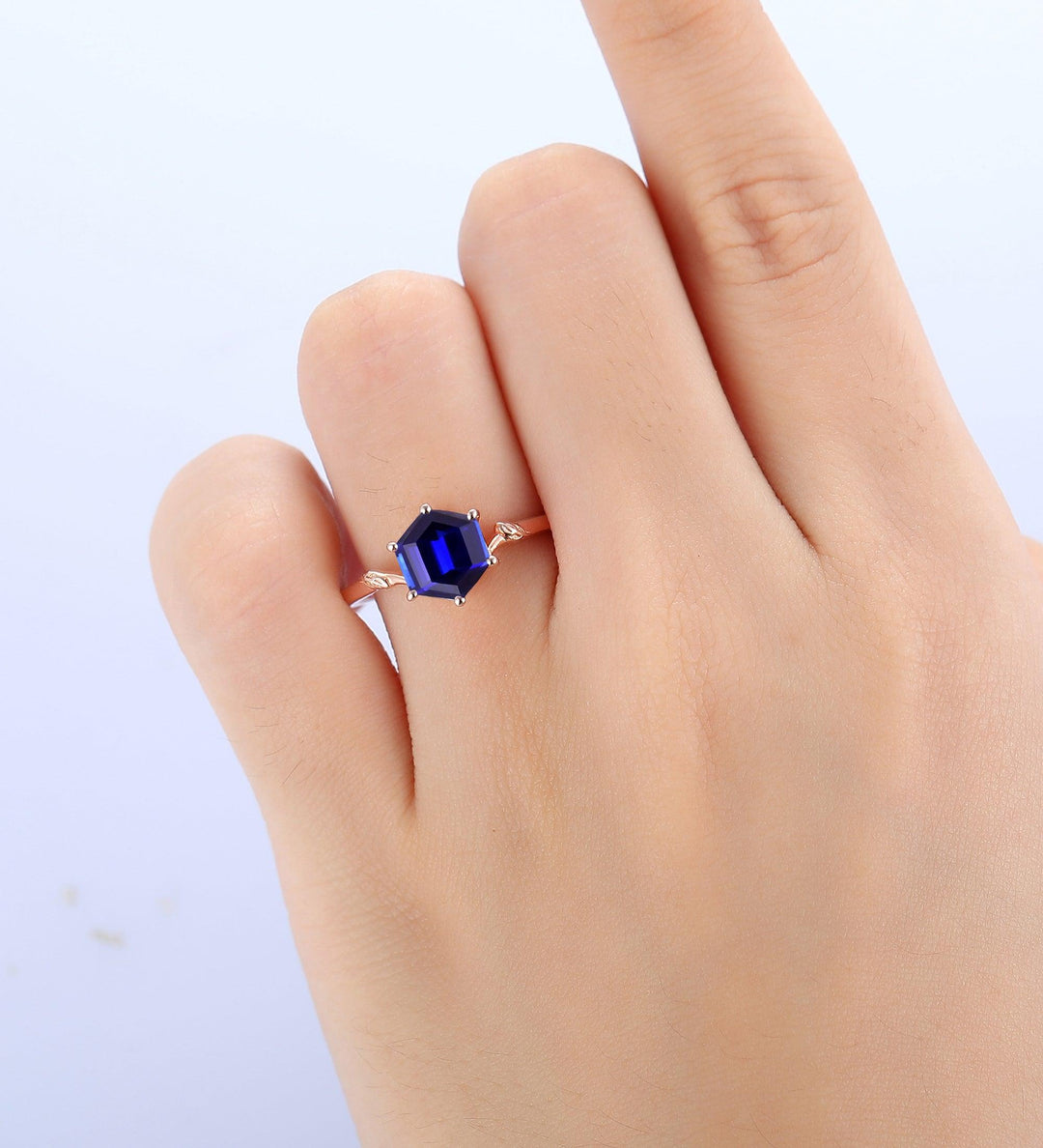 1.35CT Solitaire Hexagon Shaped Sapphire Engagement Ring Vintage Leaf Design Ring - Esdomera