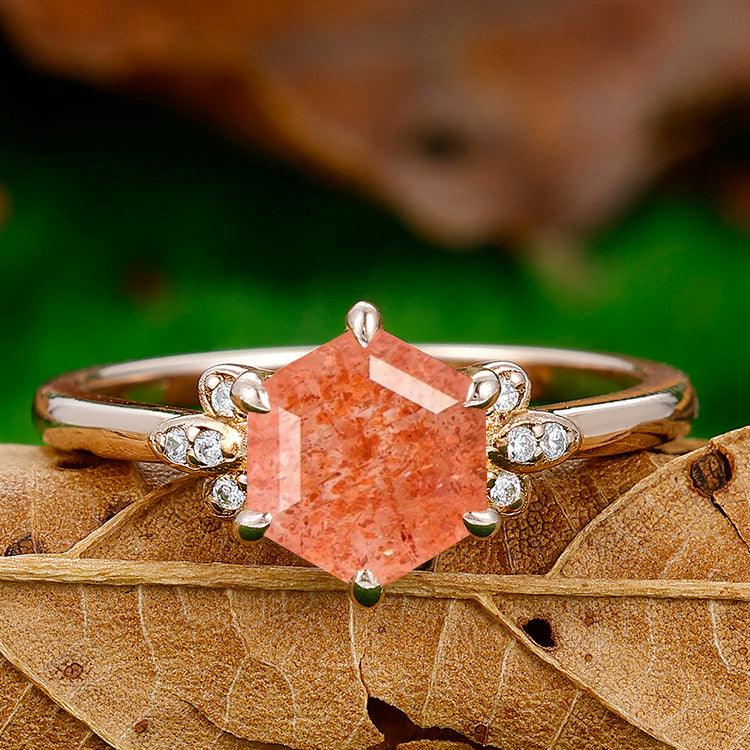 1.35CT Unique Hexagon Cut Natural Sunstone Engagement Ring Moissanites Inlaid Women Fine Ring - Esdomera