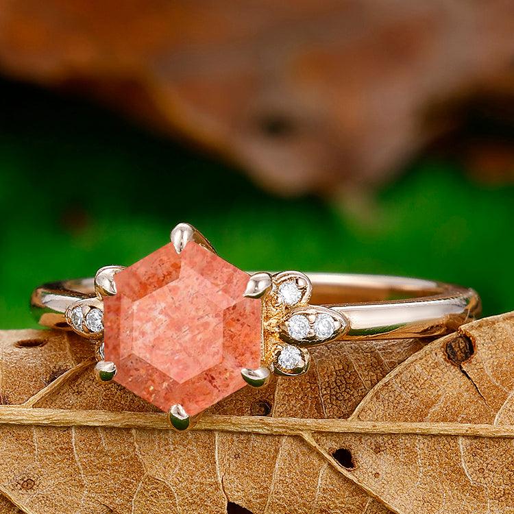 1.35CT Unique Hexagon Cut Natural Sunstone Engagement Ring Moissanites Inlaid Women Fine Ring - Esdomera