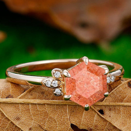 1.35CT Unique Hexagon Cut Natural Sunstone Engagement Ring Moissanites Inlaid Women Fine Ring - Esdomera