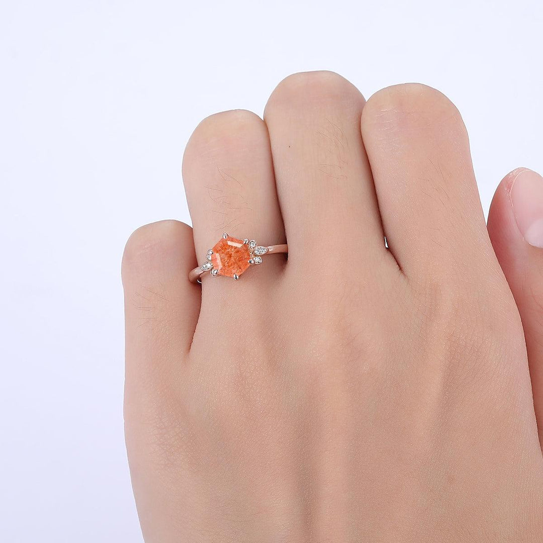 1.35CT Unique Hexagon Cut Natural Sunstone Engagement Ring Moissanites Inlaid Women Fine Ring - Esdomera