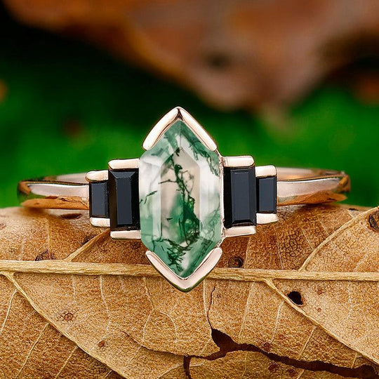 1.3CT Long Hexagon Cut Moss Agate Leaf Engagement Ring Black Onyx Inlaid For Women Gift - Esdomera