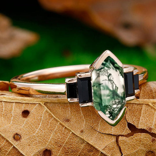 1.3CT Long Hexagon Cut Moss Agate Leaf Engagement Ring Black Onyx Inlaid For Women Gift - Esdomera