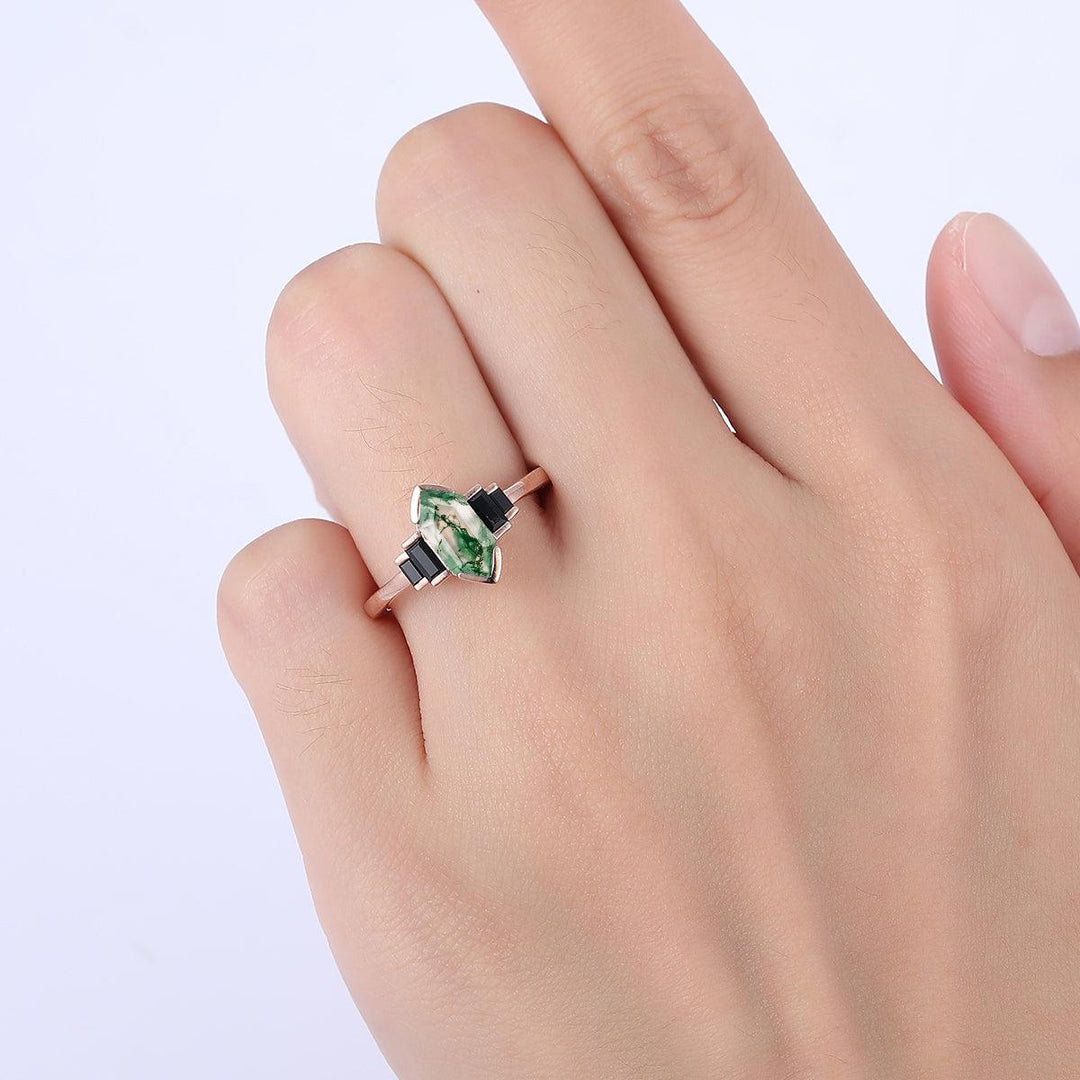 1.3CT Long Hexagon Cut Moss Agate Leaf Engagement Ring Black Onyx Inlaid For Women Gift - Esdomera