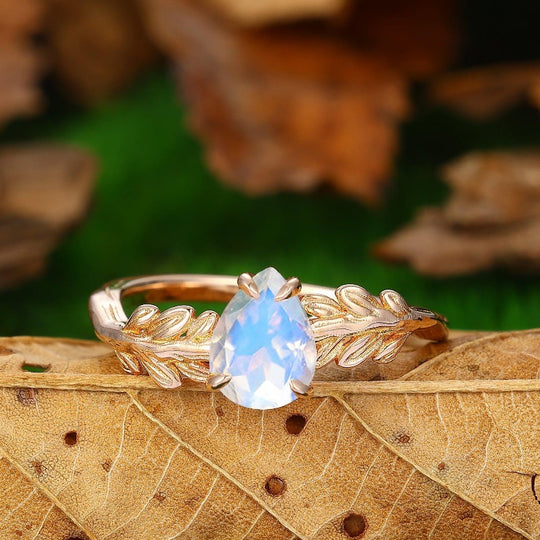 1.3CT Nature Inspired Pear Vintage Moonstone Engagement Ring Branch Band Ring - Esdomera