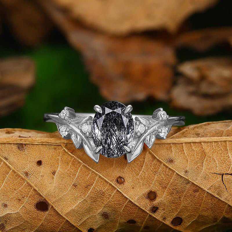 1.5 Carat Oval Shaped Natural Black Rutilated Quartz Diamond Art Deco Leaf Vine Ring