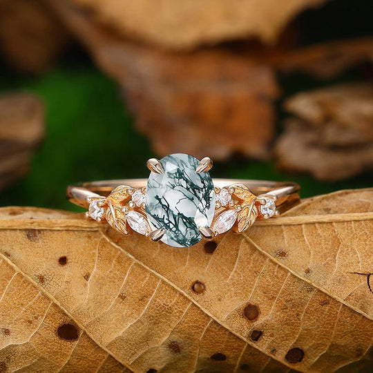 1.5 Carat Oval Shaped Natural Moss Agate Leaf Stackable Cluster Engagement Ring - Esdomera