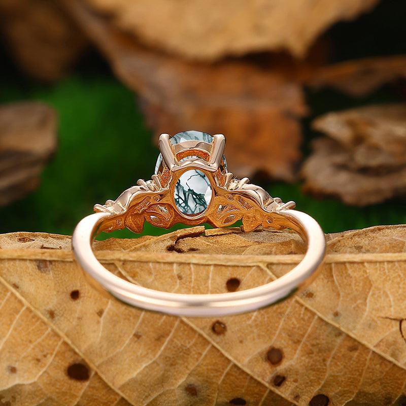 1.5 Carat Oval Shaped Natural Moss Agate Leaf Stackable Cluster Engagement Ring - Esdomera