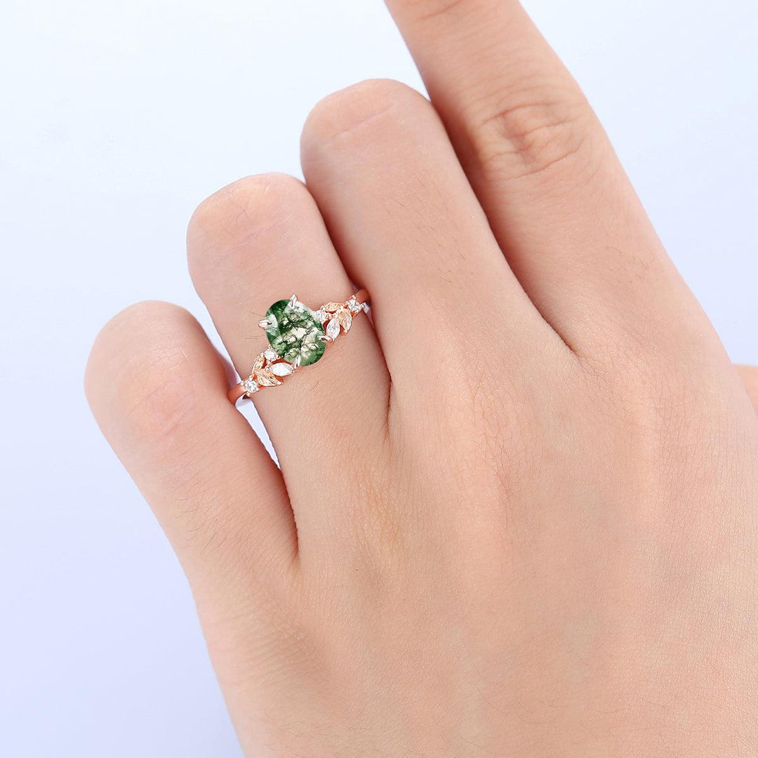 1.5 Carat Oval Shaped Natural Moss Agate Leaf Stackable Cluster Engagement Ring - Esdomera