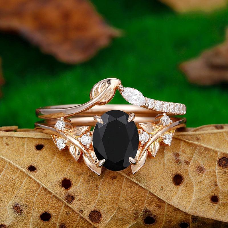 1.5 CT Oval Cut 14k Rose Gold Natural Black Onyx Art Deco leaf Ring Set - Esdomera