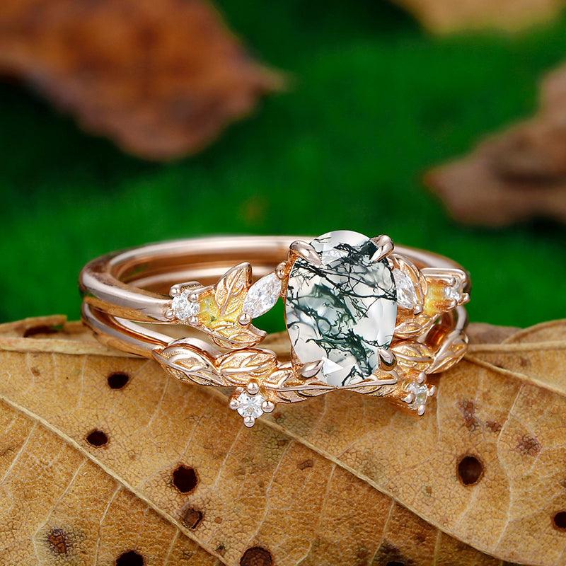 1.5 CT Oval Cut 18k Rose Gold Art Deco Leaf Stackable Natural Moss Agate Engagement Ring Set - Esdomera